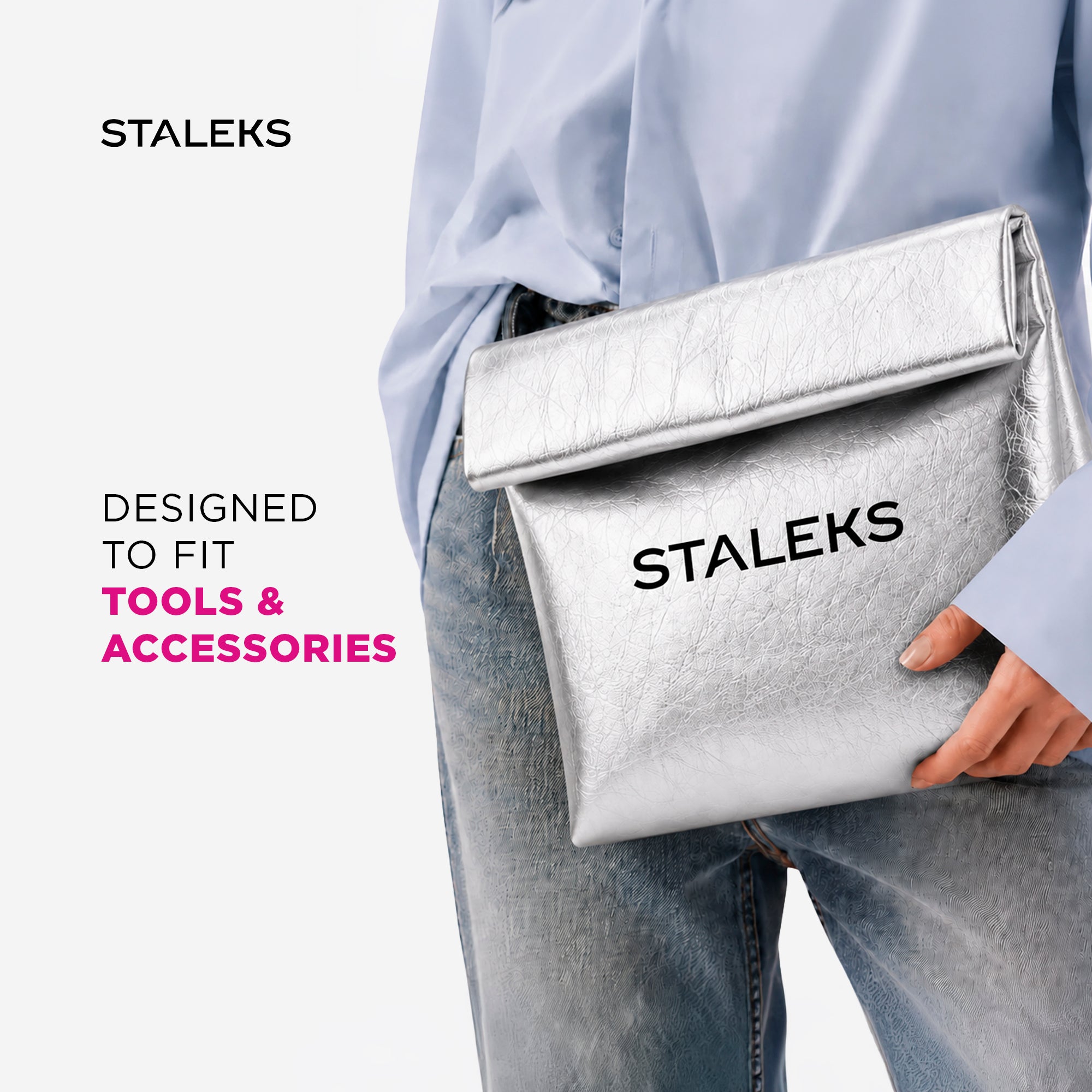STALEKS Cosmetic bag silver eco-leather, size L