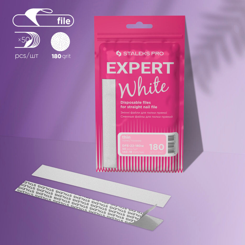 White disposable files for straight nail file Staleks Pro Expert 22, 180 grit (50 pcs)