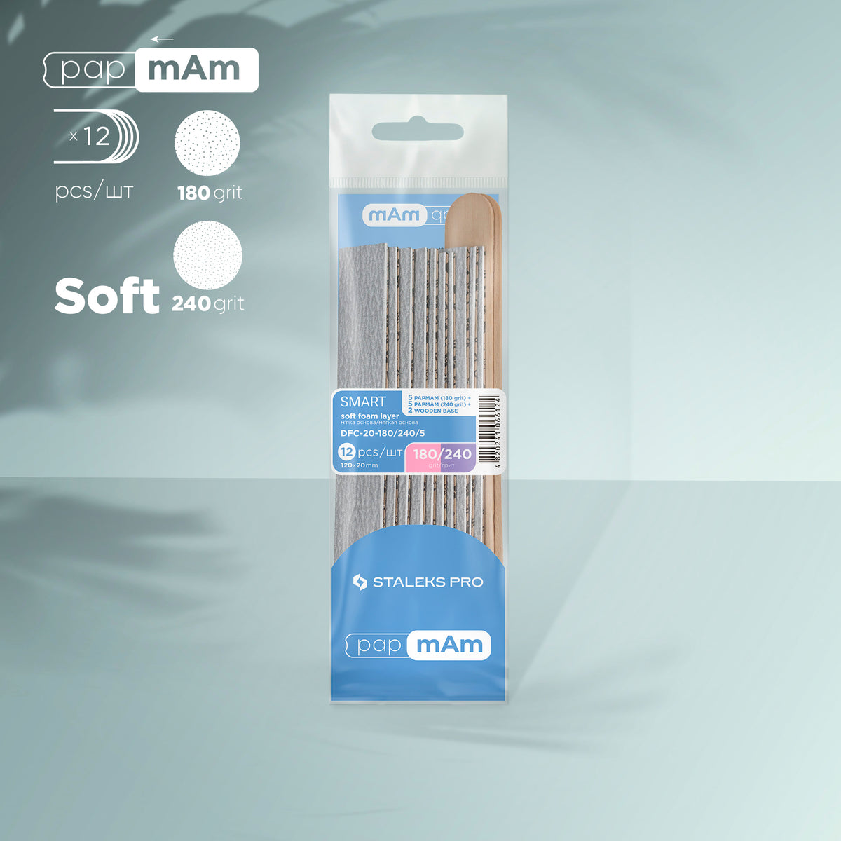 Ersatzfeilen PapMam Soft 180 grit (5 Stück), 240 grit (5 Stück) + 2 Holzsockel SMART 20