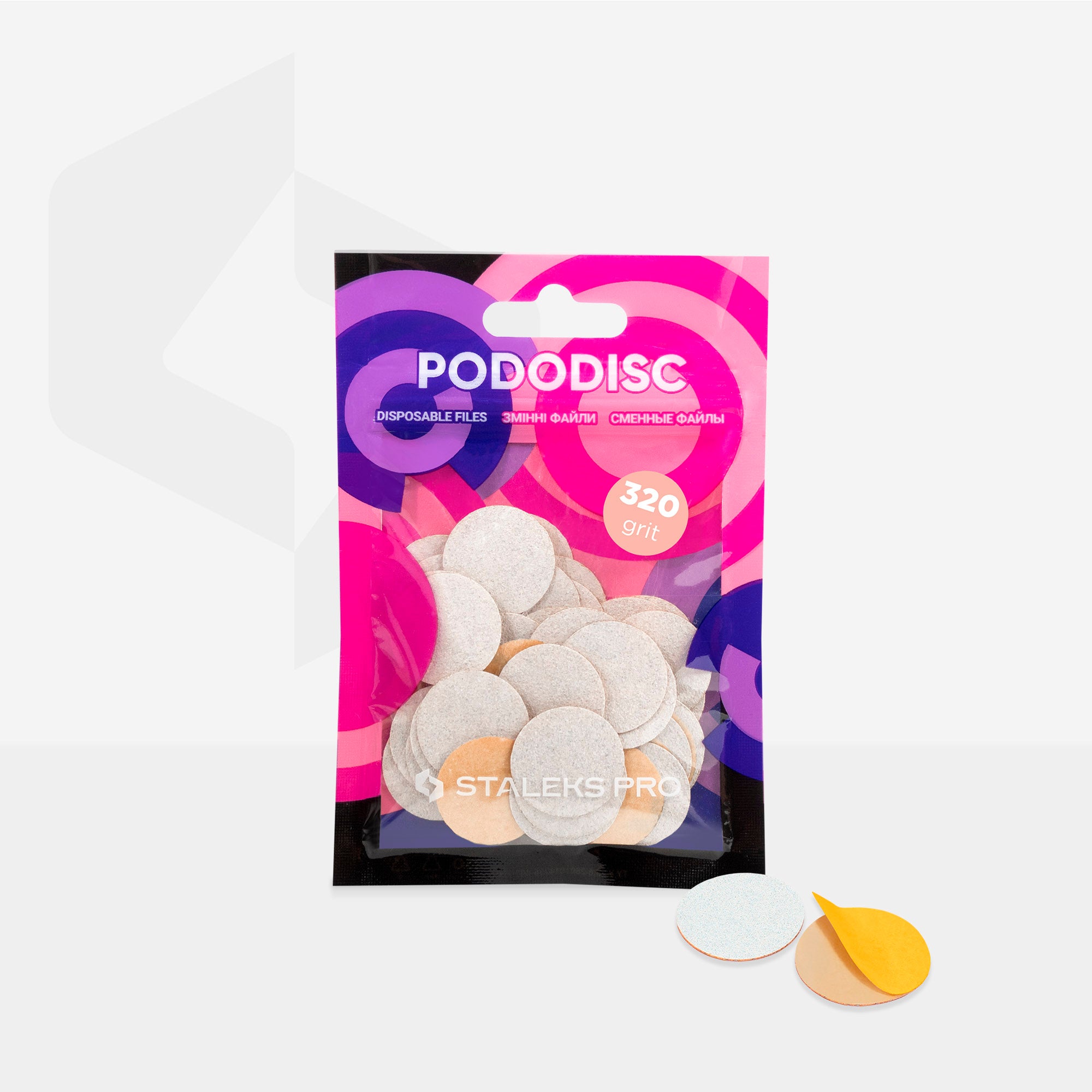 Vienkartiniai balti diskiniai pedikiūro pjūkleliai PODODISC M EXPERT 80 grūdėtumo (50 vnt.)