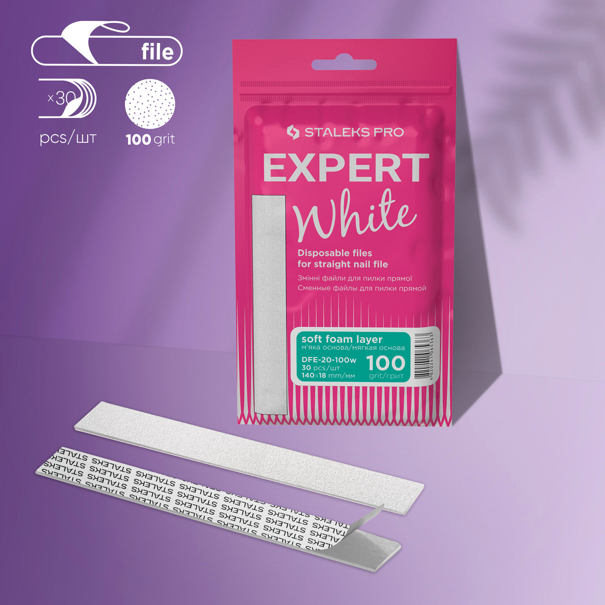 Archivos desechables blancos para lima de uñas recta (base suave) EXPERT 20 (30 piezas)