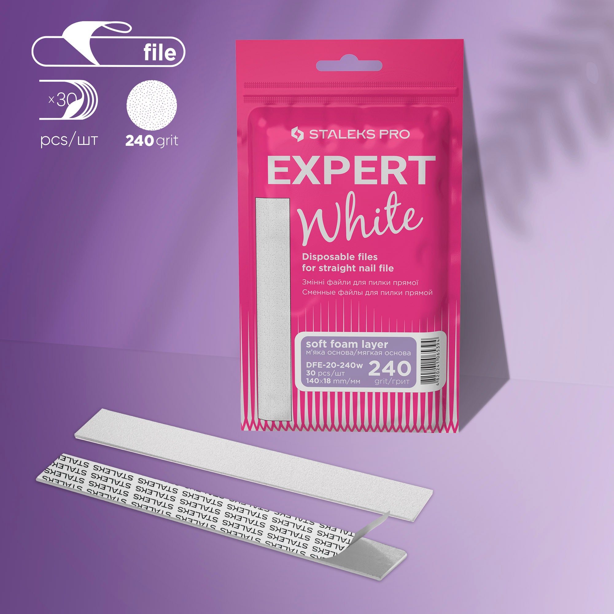 Bílé jednorázové pilníky na rovné nehty (soft base) EXPERT 20 (30 ks)