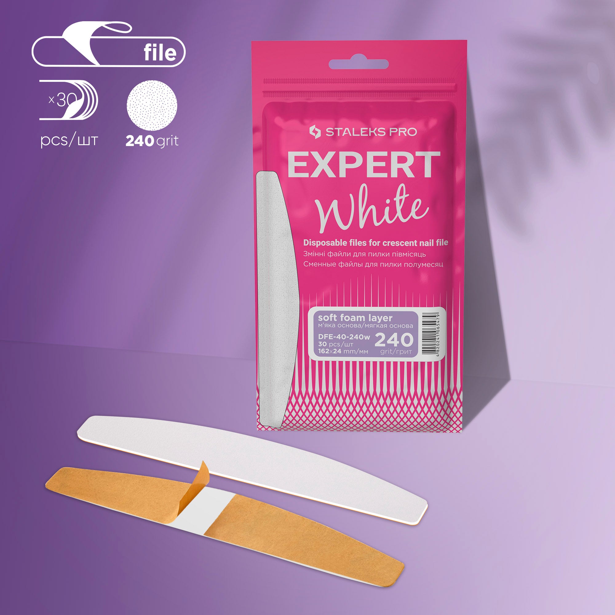 Bílé jednorázové pilníky na nehty s půlměsícovým pilníkem (soft base) EXPERT 40 (30 ks)